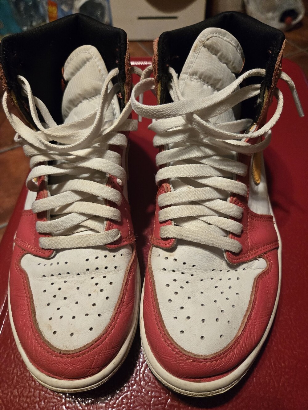 Jordan Men's High-Top Sneakers in White and Red with Gold Swoosh